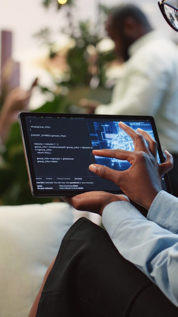 Vertical video Businesswoman reading AI information on tablet in rooftop workspace