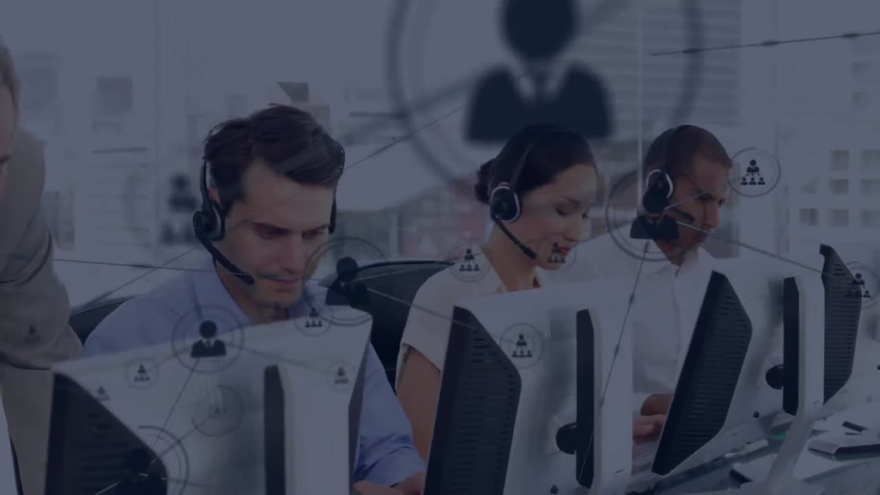 animación de la red de conexión con iconos sobre personas de negocios que usan auriculares de teléfono