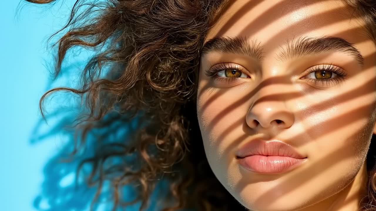 Una donna con i capelli ricci e uno sfondo blu