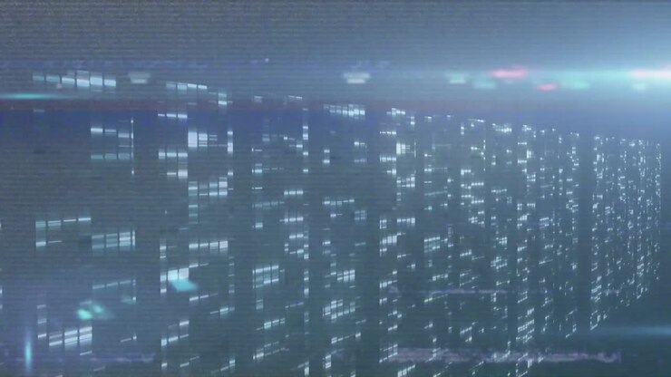 Animation of vhs glitch effect over multiple screens with mosaic squares against blue background