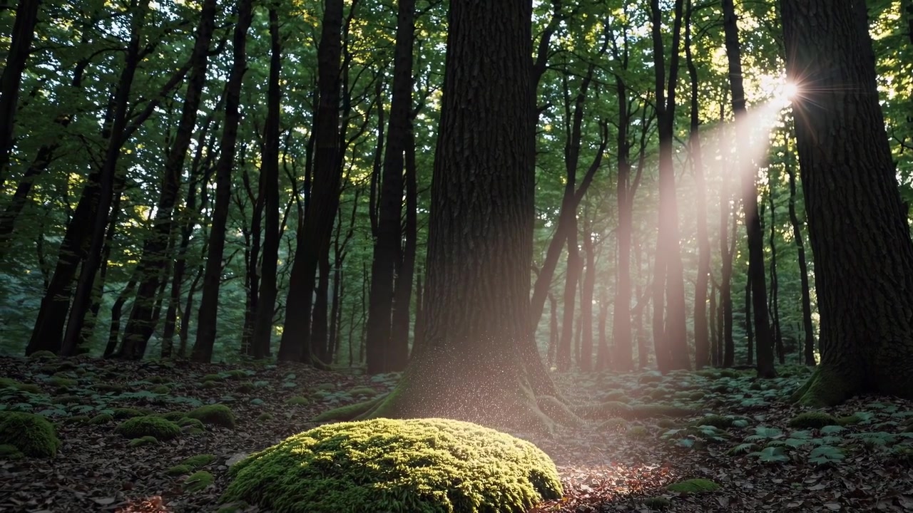 Raggi di sole che filtrano tra gli alberi in una foresta verde lussureggiante
