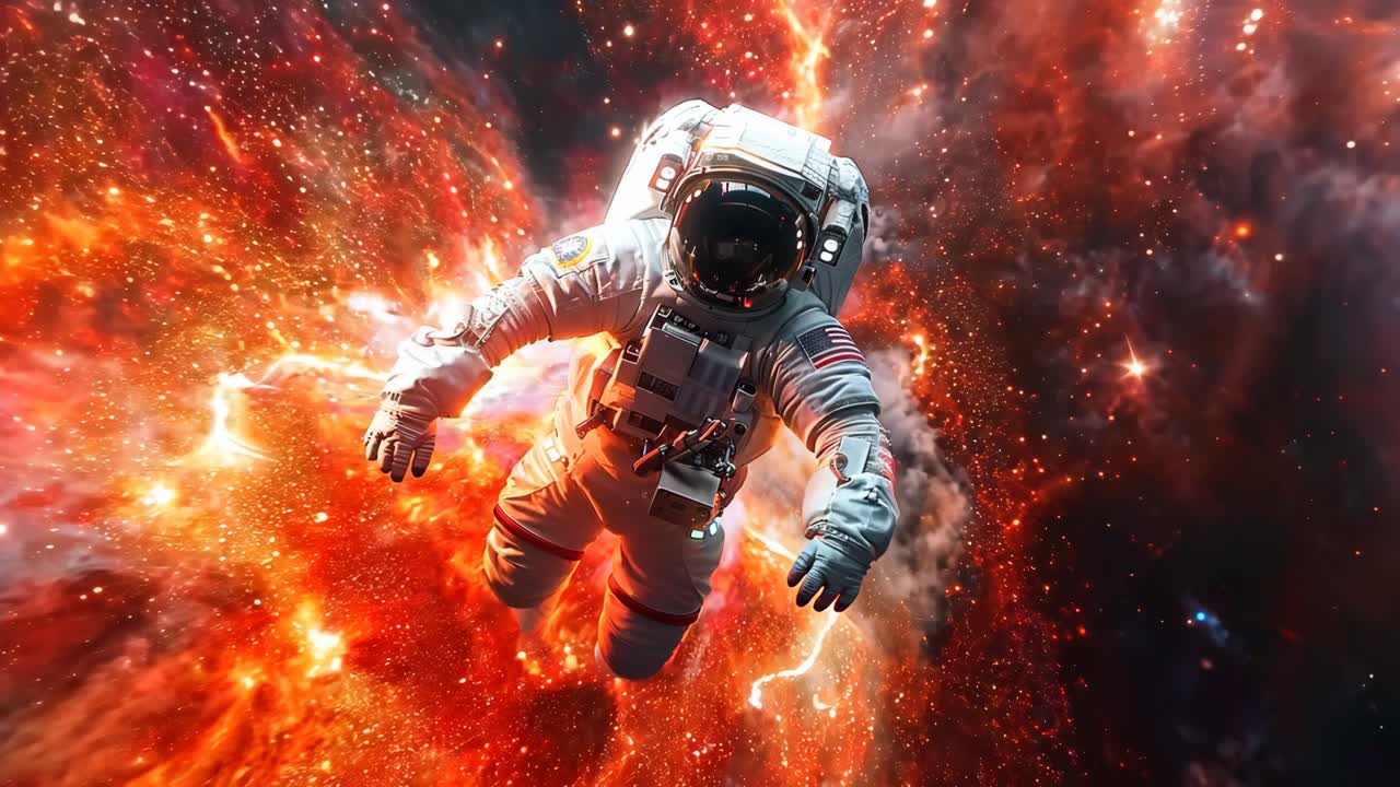 A man in a spacesuit is floating in space above a fiery explosion. The scene is intense and dramatic, with the astronaut seemingly in the midst of a dangerous situation. The bright orange flames