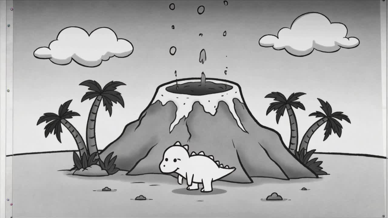 Reagendo a un vulcano ribollente che sputa goccioline, un dinosauro chibi si muove verso il cratere su una pianura sabbiosa.