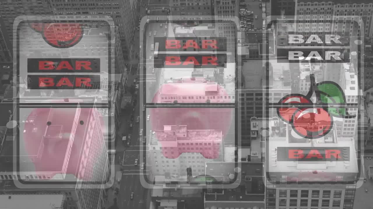 도시 풍경 위의 카지노 과일 기계의 애니메이션