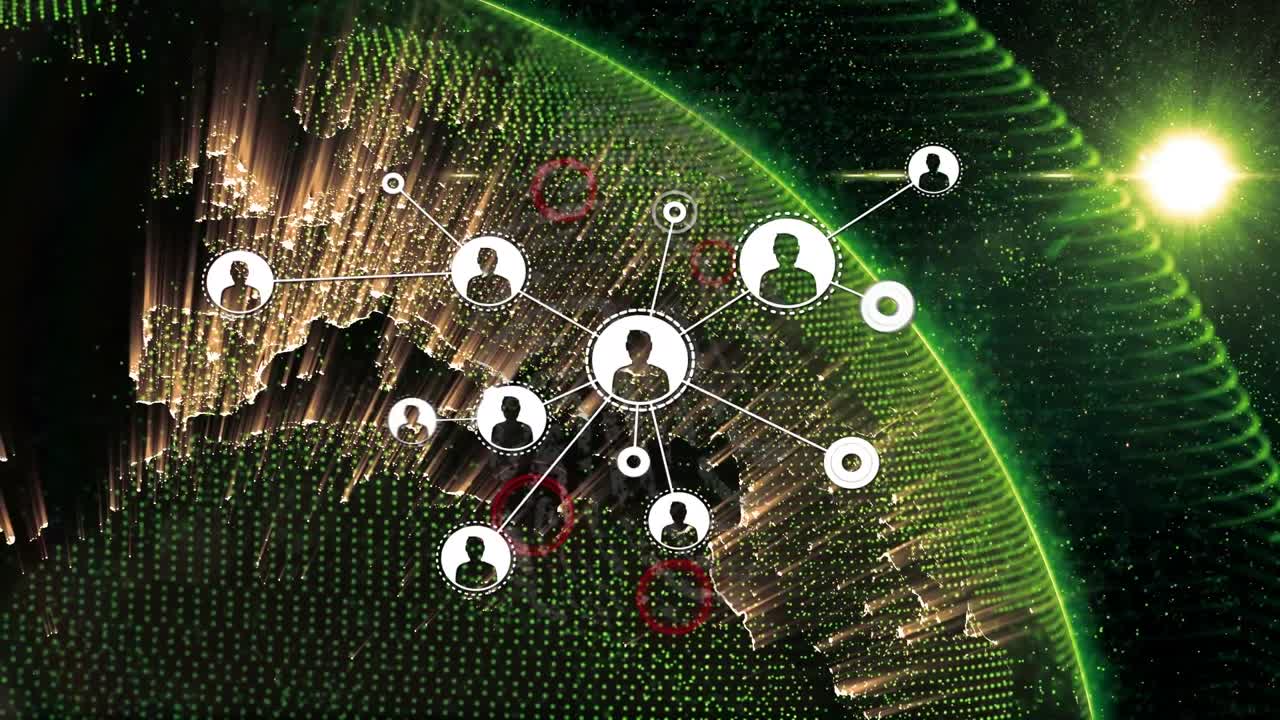 animación de la red de iconos de perfil y punto de luz sobre el globo giratorio sobre fondo negro