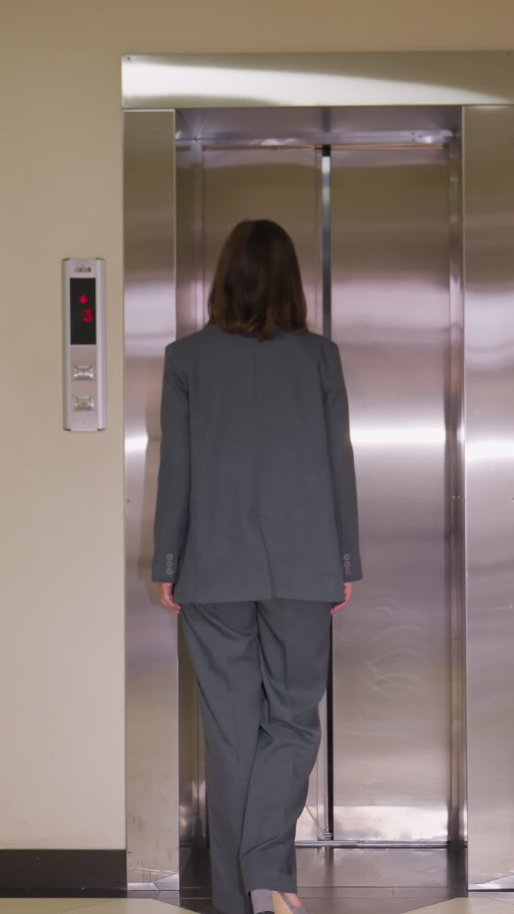 Businesswoman in gray suit walking toward elevator with closed metallic doors on floor 3, viewed from behind in office hallway. Scene reflects professional routine, workplace environment