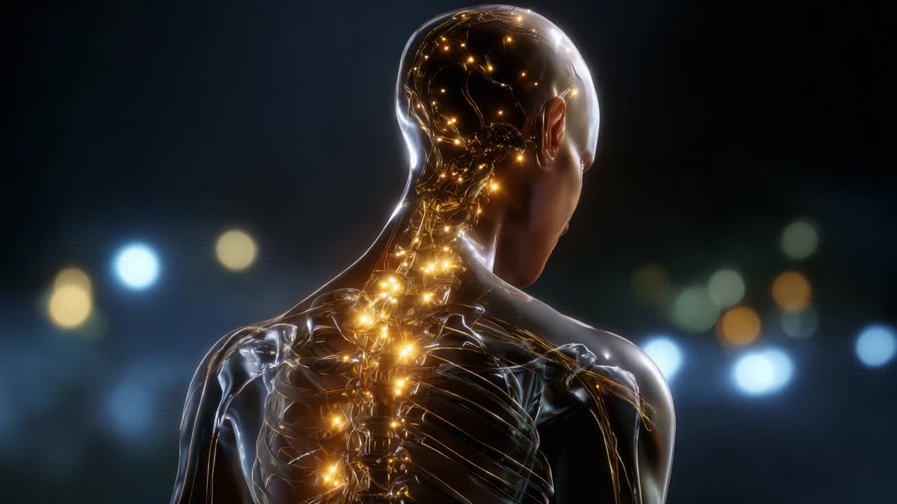 An Enigmatic Visualization of the Human Spine: Capturing the Intricacies of the Nervous System Illuminated by Radiant Lights, Showcasing the Beauty and Complexity of Anatomy in a Creative Display of Art