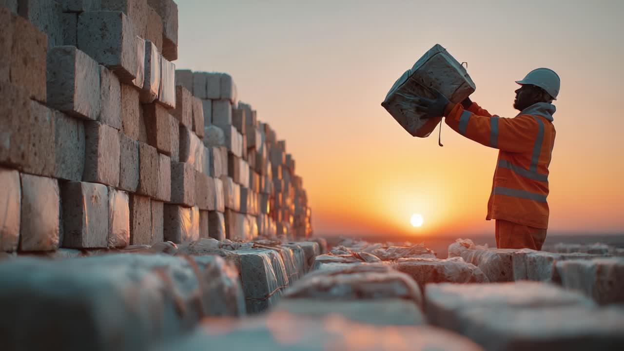 A laborer in safety gear assesses a block at sunset, surrounded by stacks of materials, highlighting the dedication and hard work in construction and industry