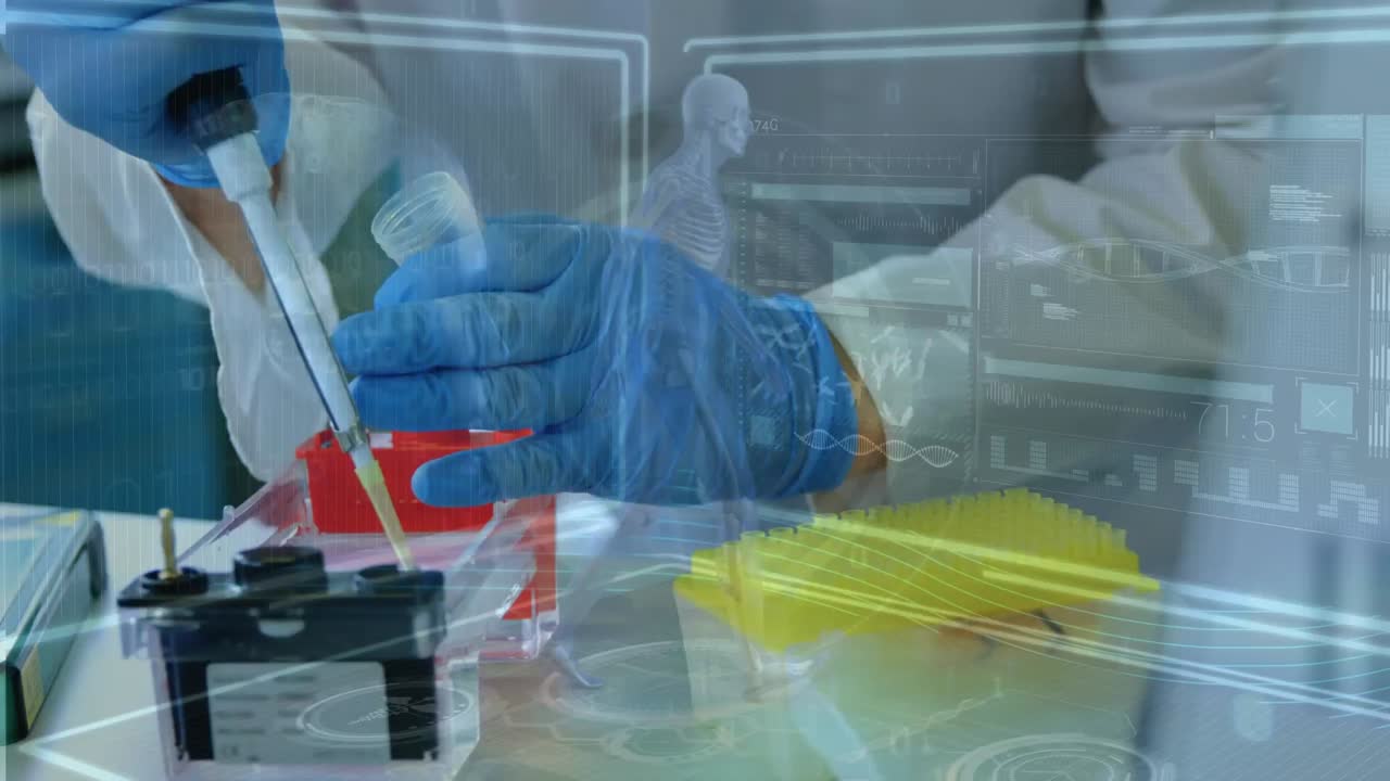 animación de modelo humano y procesamiento de datos sobre la sección media del científico que trabaja en el laboratorio