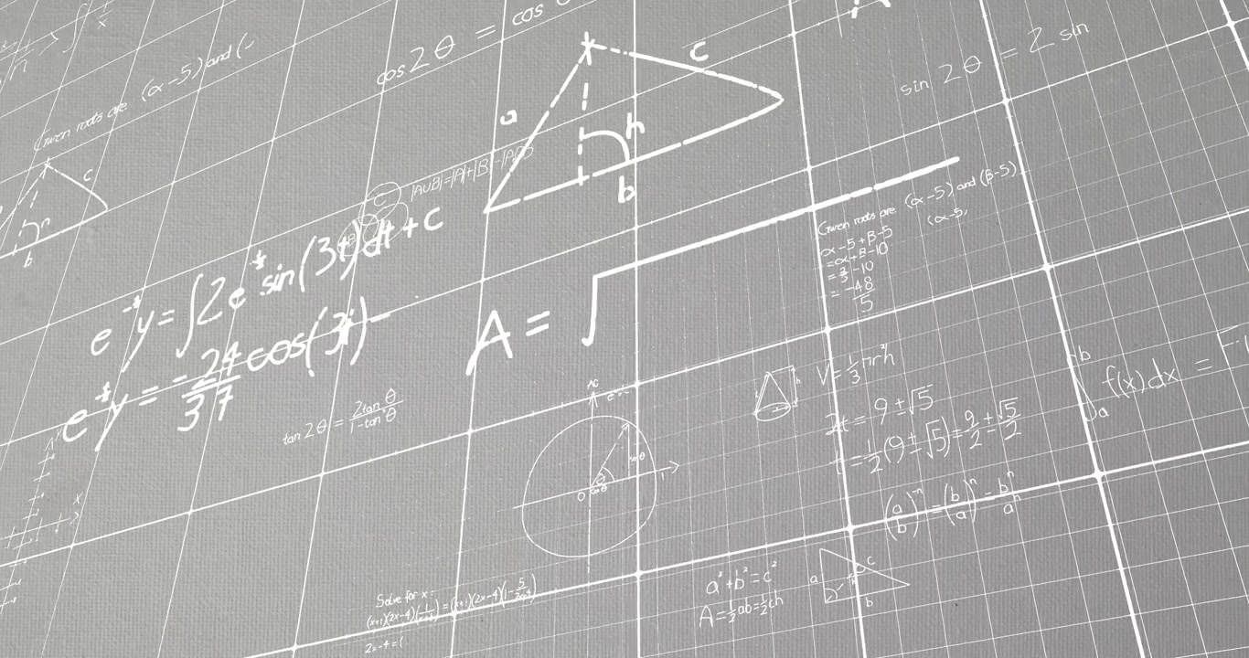 Animation of mathematical equations and diagrams over grid pattern against abstract background