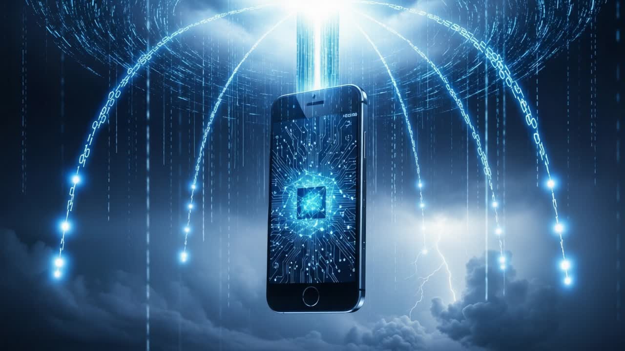 Una visualizzazione sorprendente di tecnologia e connettività: uno smartphone circondato da una rete digitale dinamica che produce energia radiante ed effetti di fulmini
