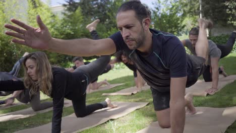 personas concentradas realizando posturas de yoga al aire libre