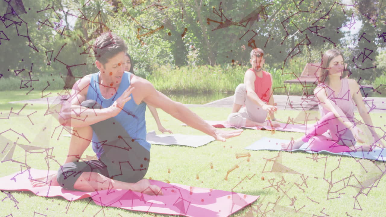 People practicing yoga on grass with network connections animation overlay