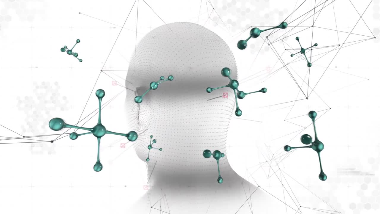 animación de cabezas y formas digitales sobre fondo blanco