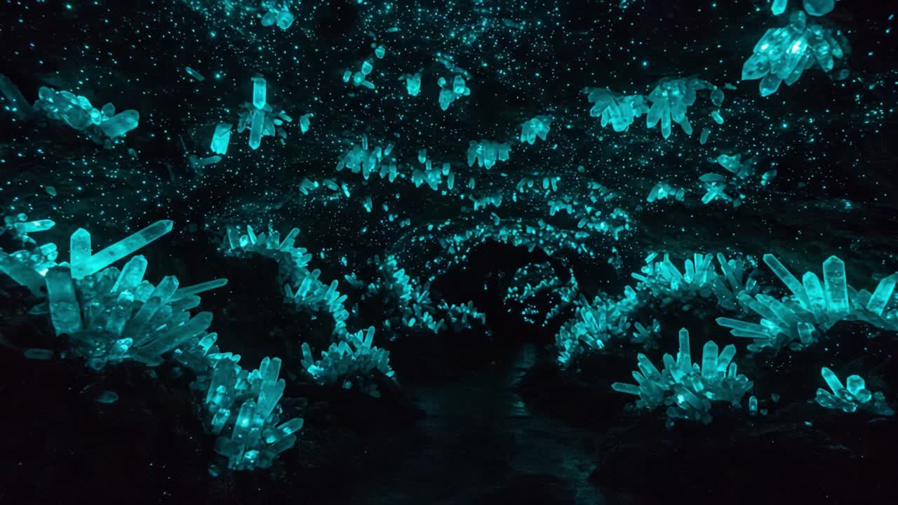 A mesmerizing underground cavern filled with glowing turquoise crystals, creating a surreal and enchanting atmosphere that captivates the imagination and invites exploration