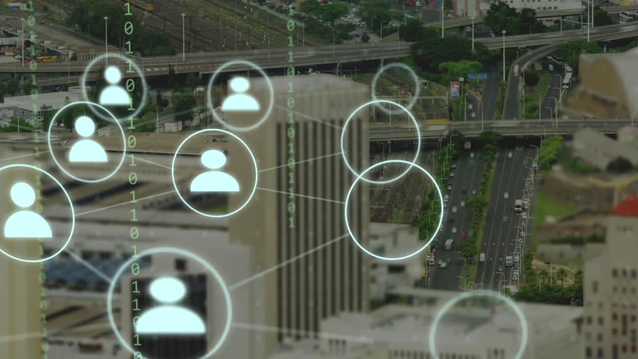 아이콘과 바이너리 코딩으로 도시 풍경에 대한 연결 네트워크의 애니메이션