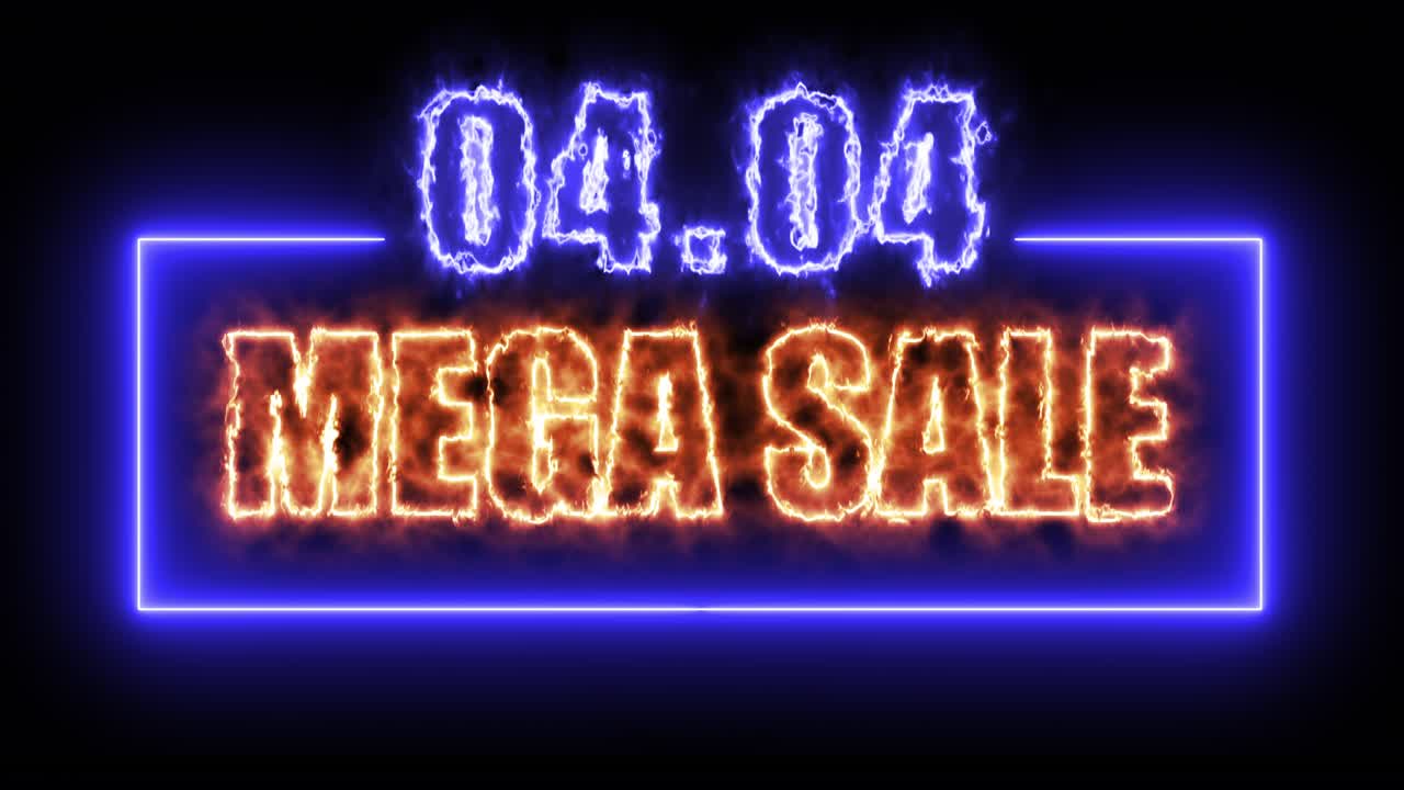 04.04 Mega saldi, banner con insegna al neon colorata su sfondo nero per video promozionale. Concetto di promozione del brand e dei saldi