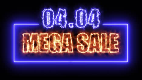 04.04 mega venta colorido cartel de neón con fondo negro para promocionar el video. concepto de promoción de la venta de la marca