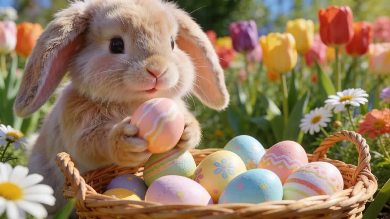 Avistando ovos em tons pastel, coelho de orelhas caídas alcançando a cesta em jardim ensolarado, inspecionando brincalhão