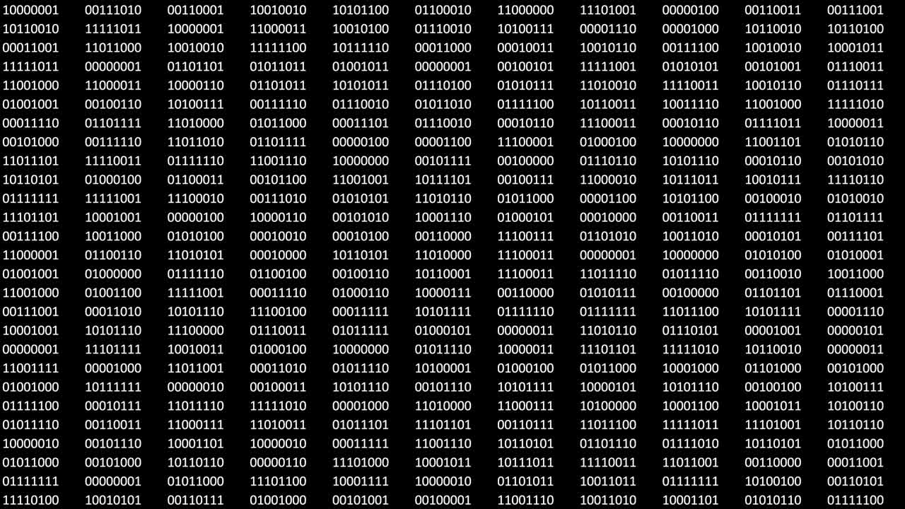 Artificial intelligence AI engine for Digitization. Animated digital bits and bytes on a black computer screen.