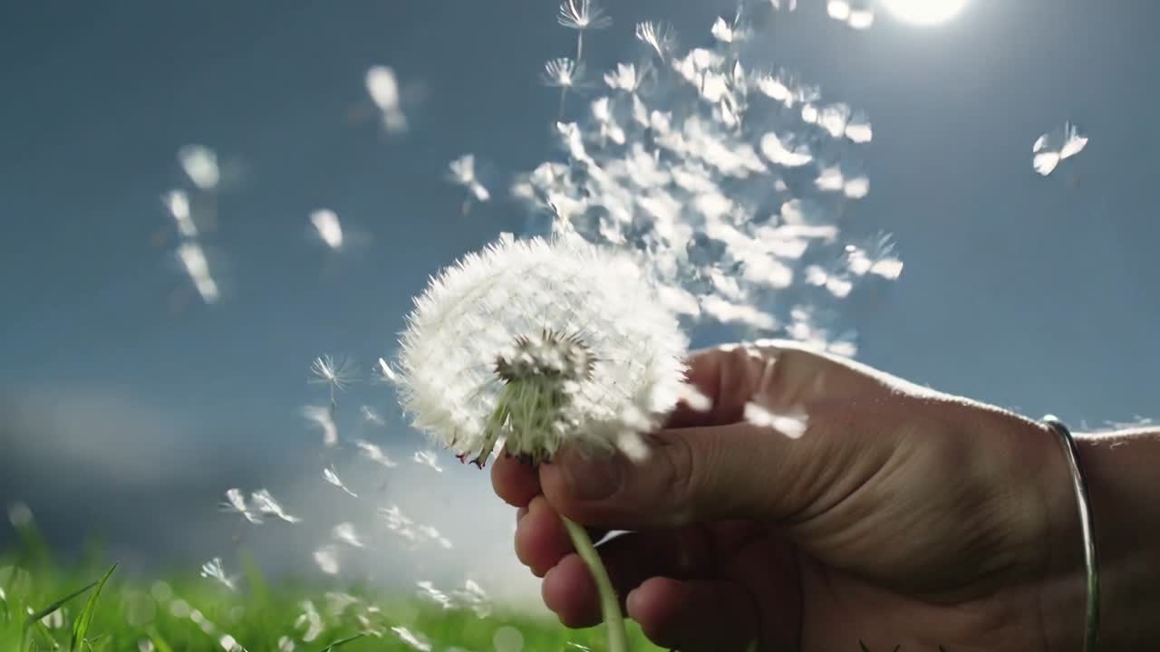 Woman bringing dandelion near lips, blowing, releasing seeds over grass for nature photography