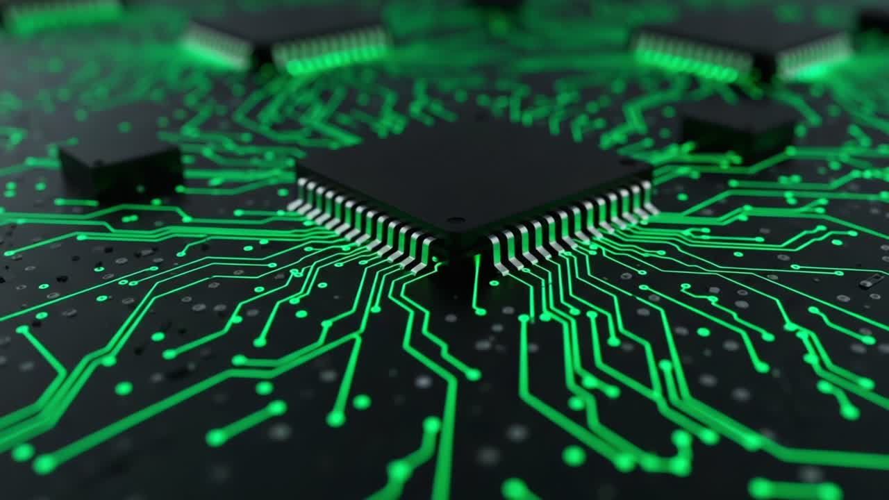 An Intricate Electronic Circuitry Design Featuring Green-Lit Microchips and Circuit Paths for Advanced Technology and Innovation in Modern Electronics