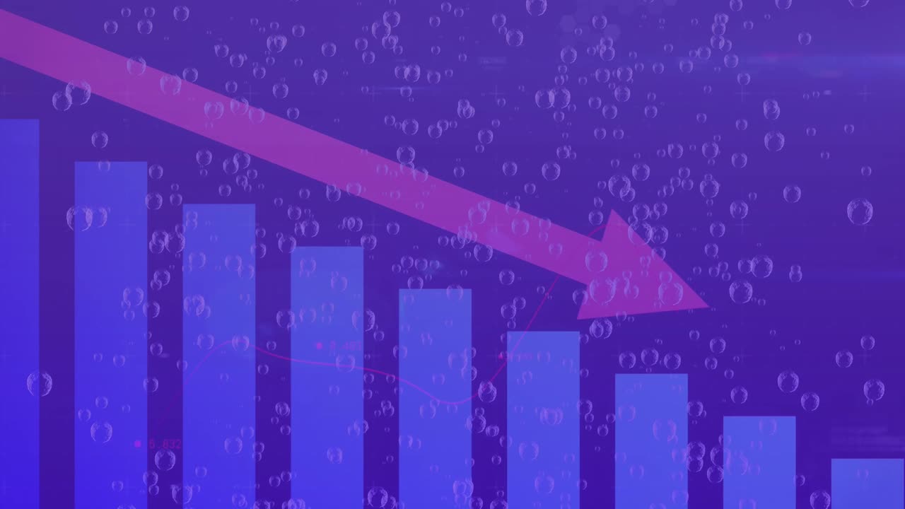 Animation of bubbles over statistical data processing against blue background