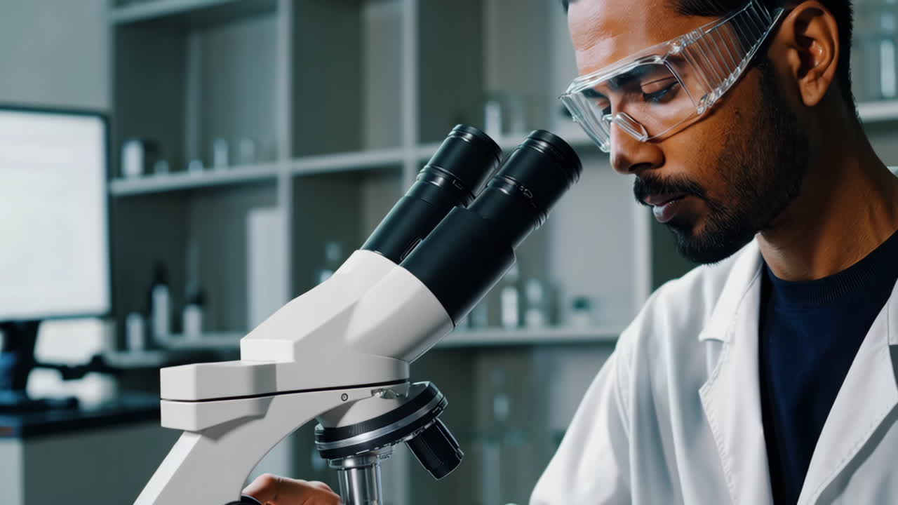 Scientist Conducting Research and Taking Notes in a Laboratory with a Microscope