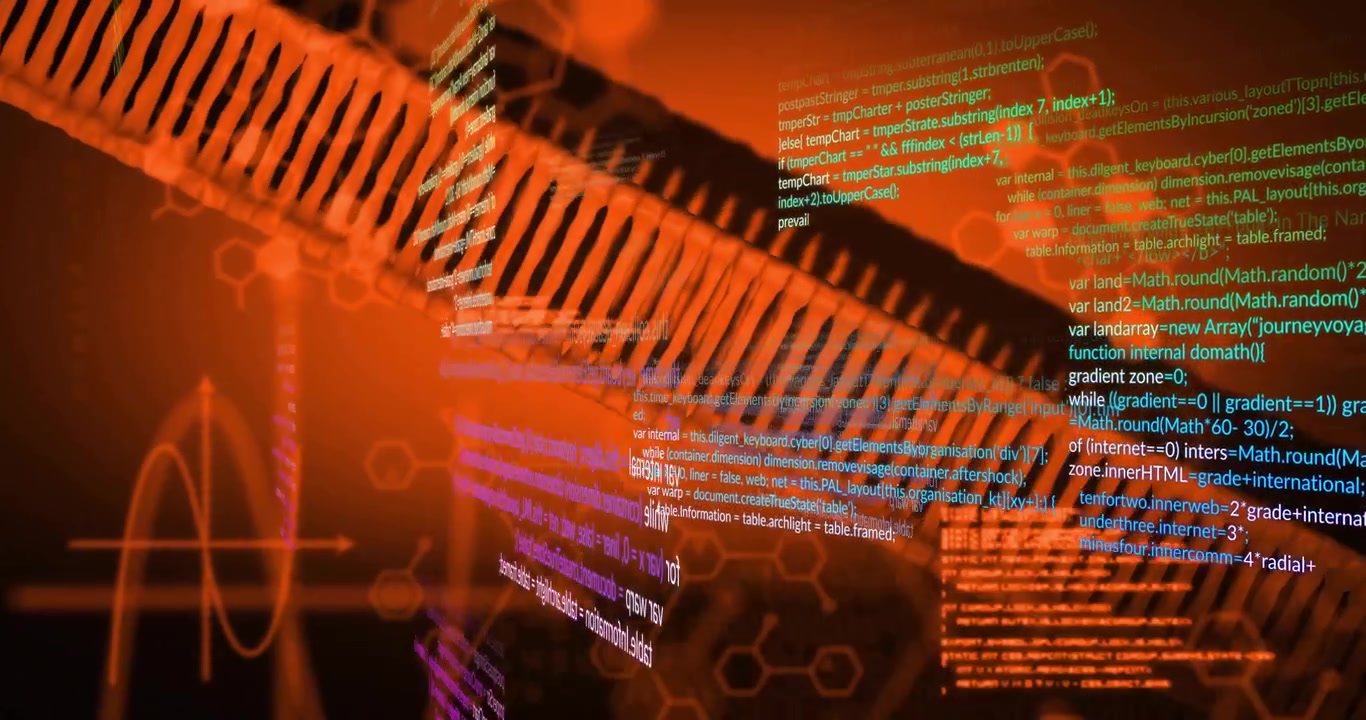 Bei der Eröffnung windet sich ein Band wellenförmig mit verblassendem Code und einem auftauchenden Hex-Muster, das den Datenfluss zeigt.