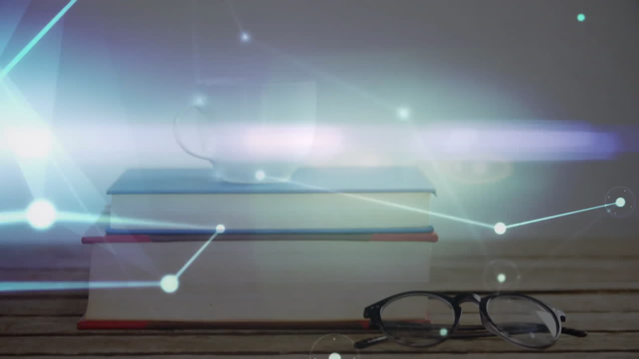 Hardcover books stacking on wood desk, showcasing coffee cup and glasses under digital light trails
