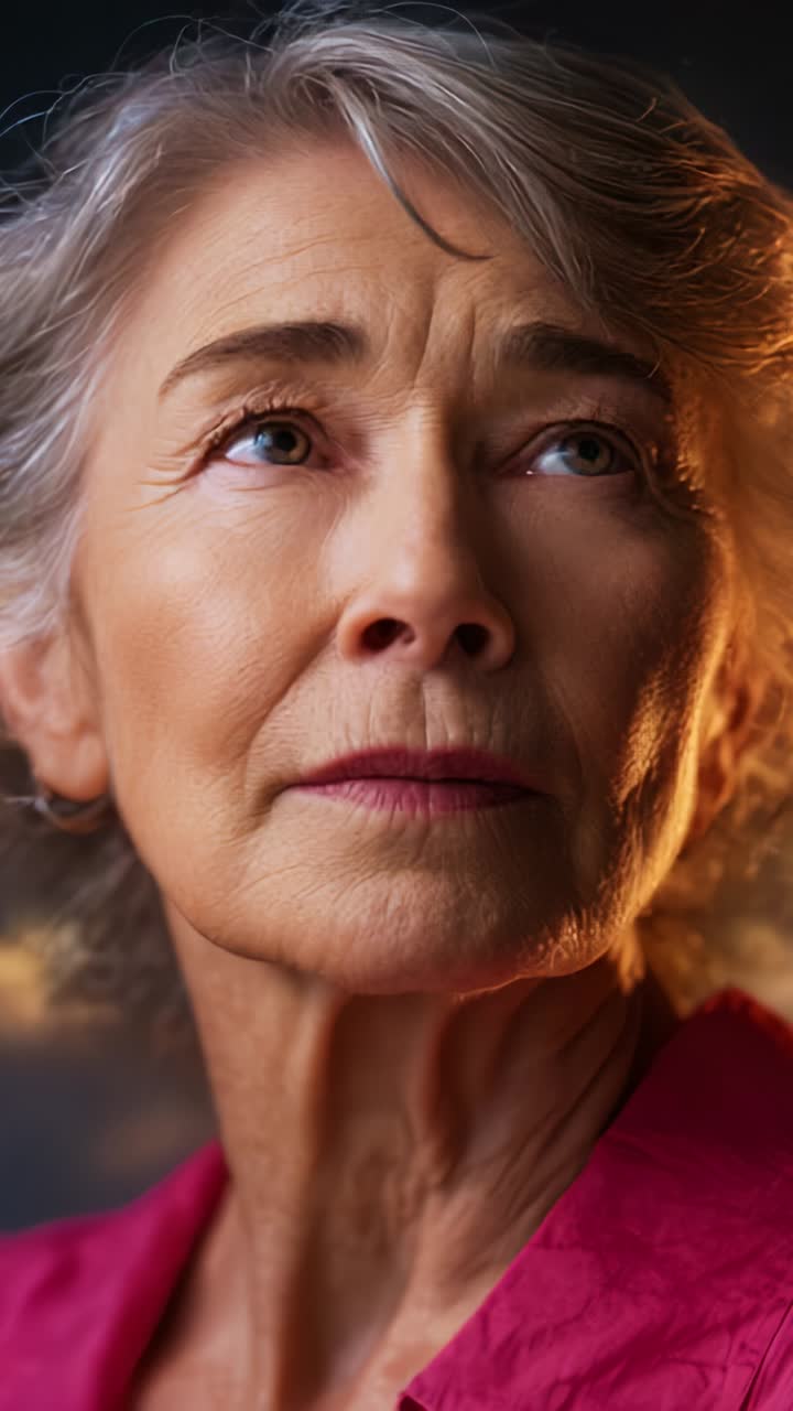 Aging Elegance: Captivating Portrait of a Thoughtful Elderly Woman with Graceful Features and Expressive Eyes, Illuminated by Soft Natural Lighting