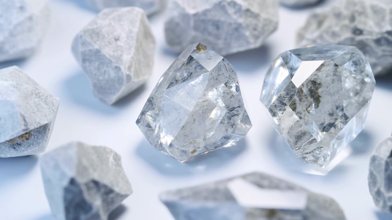 Una splendida esposizione di diamanti lussuosi in uno scatto ravvicinato in studio, con una prospettiva dall'alto e uno sfondo bianco e grigio immacolato. Questa elegante presentazione di gemme è ideale.
