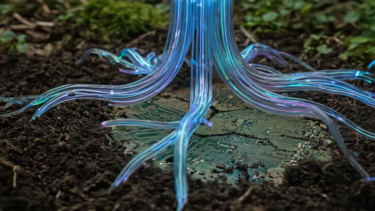 Glowing Fiber Optic Roots Connecting to Circuit Board in Soil