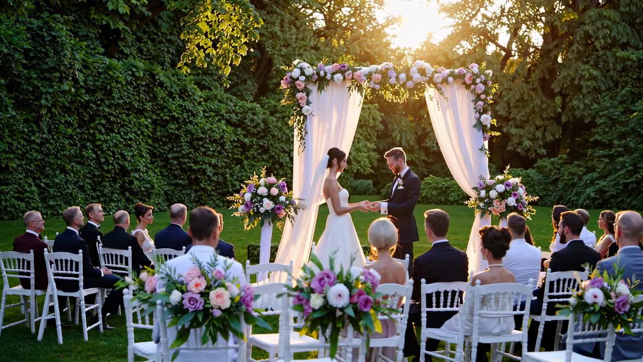 Scena video di un romantico matrimonio all'aperto al tramonto, ripresa da un angolo laterale