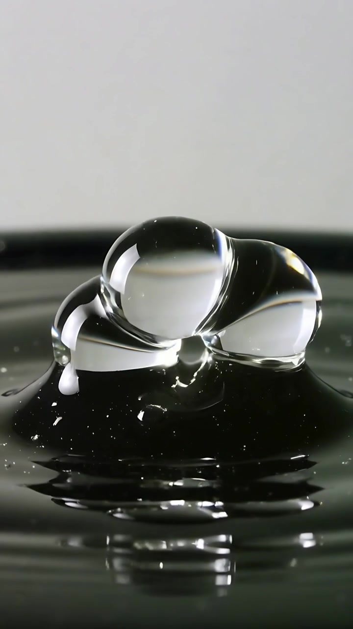 Video vertikal: Tetesan bening bergerak bersentuhan di piring hitam, membentuk kubah karena tegangan permukaan