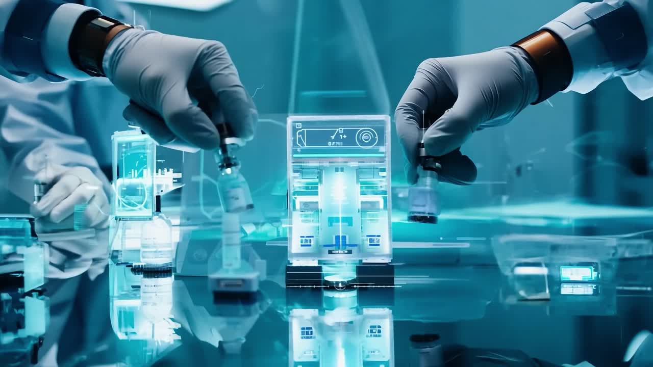 científicos trabajando en un laboratorio futurista con interfaces holográficas