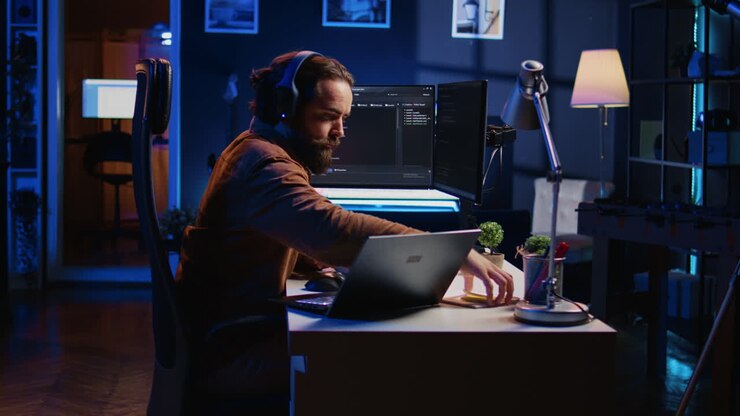 Hyperaktiv softwareudvikler med ADHD, der skriver kode.