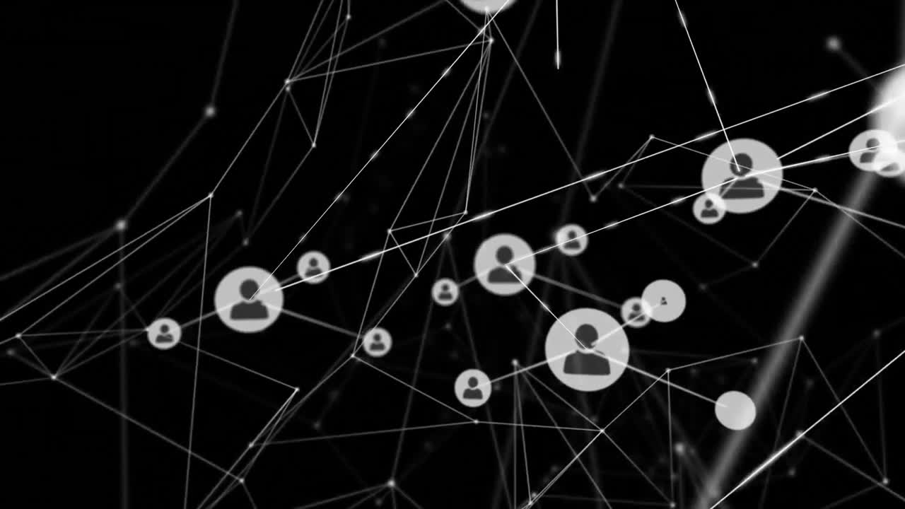 animación de la red de conexiones y iconos de perfil contra un fondo negro.