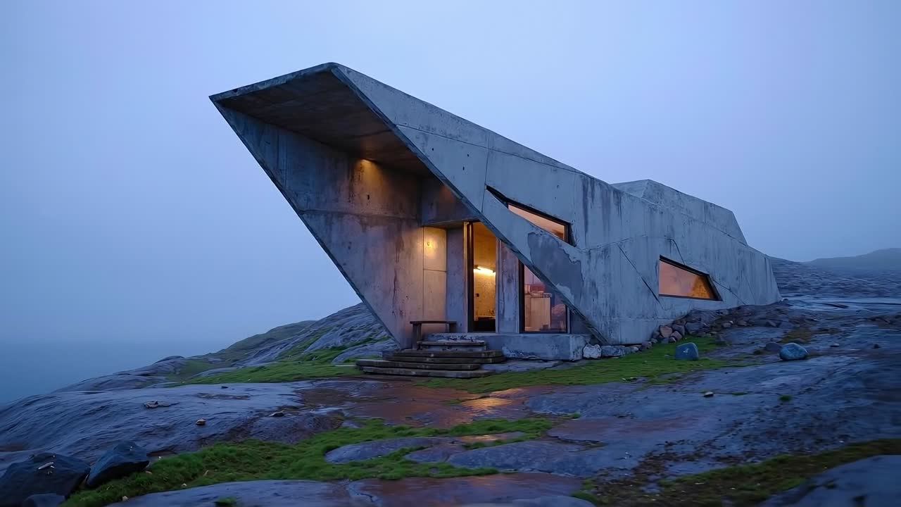 A concrete building on top of a rocky hillside at dusk