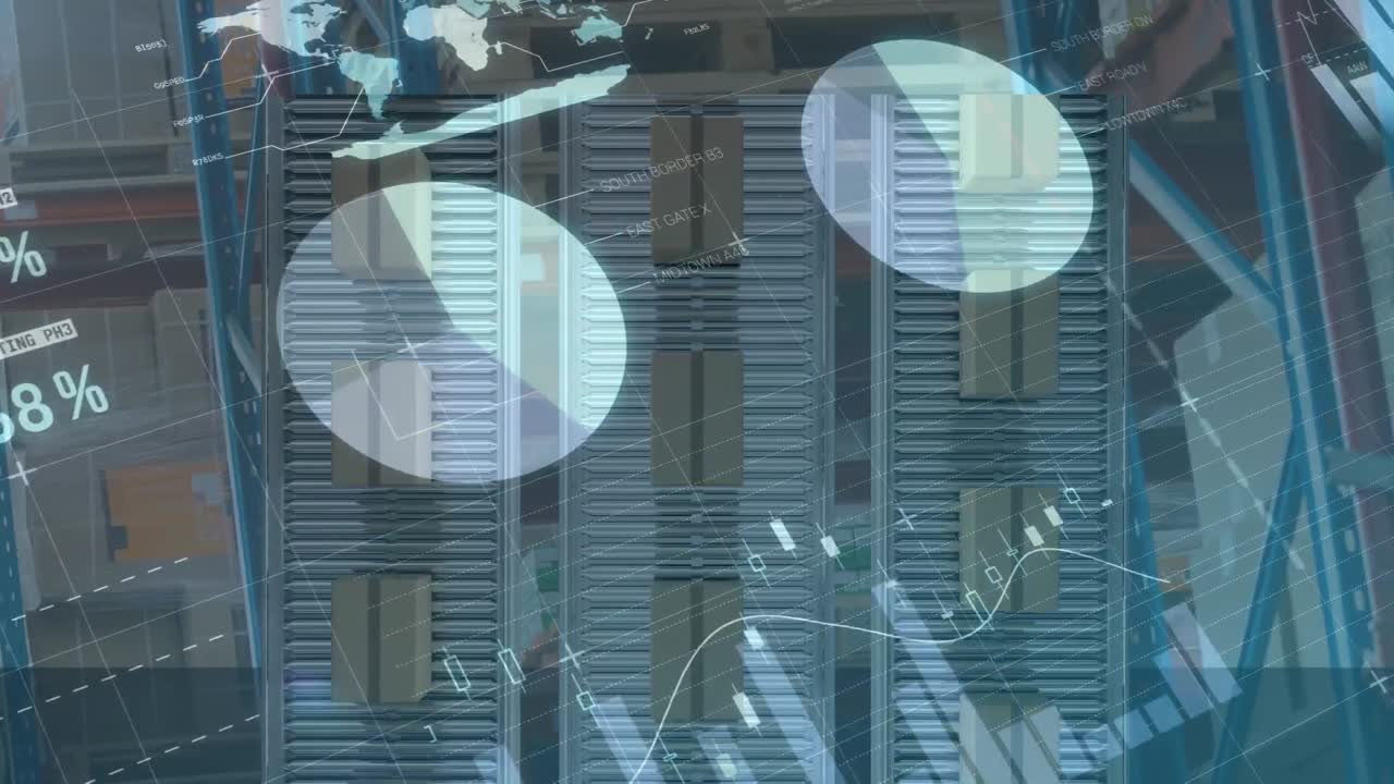 배경에서 컨베이어 벨트에 있는 카드보드 상자 위에서 통계 처리의 애니메이션