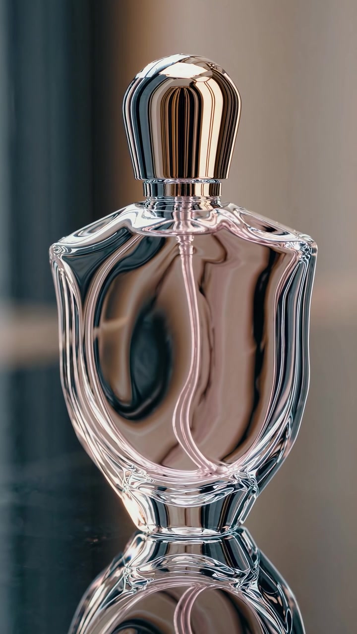 Flacone di profumo di lusso con tappo dorato su superficie riflettente