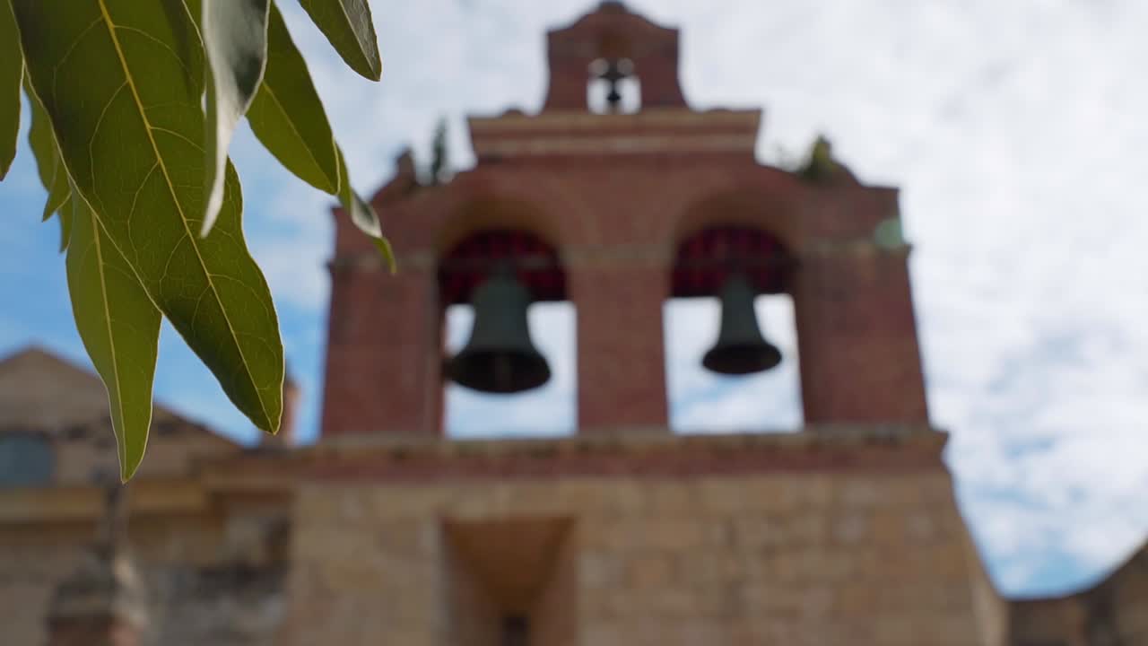 Os sinos da catedral de Santo Domingo, entre as folhas, em um dia ensolarado.