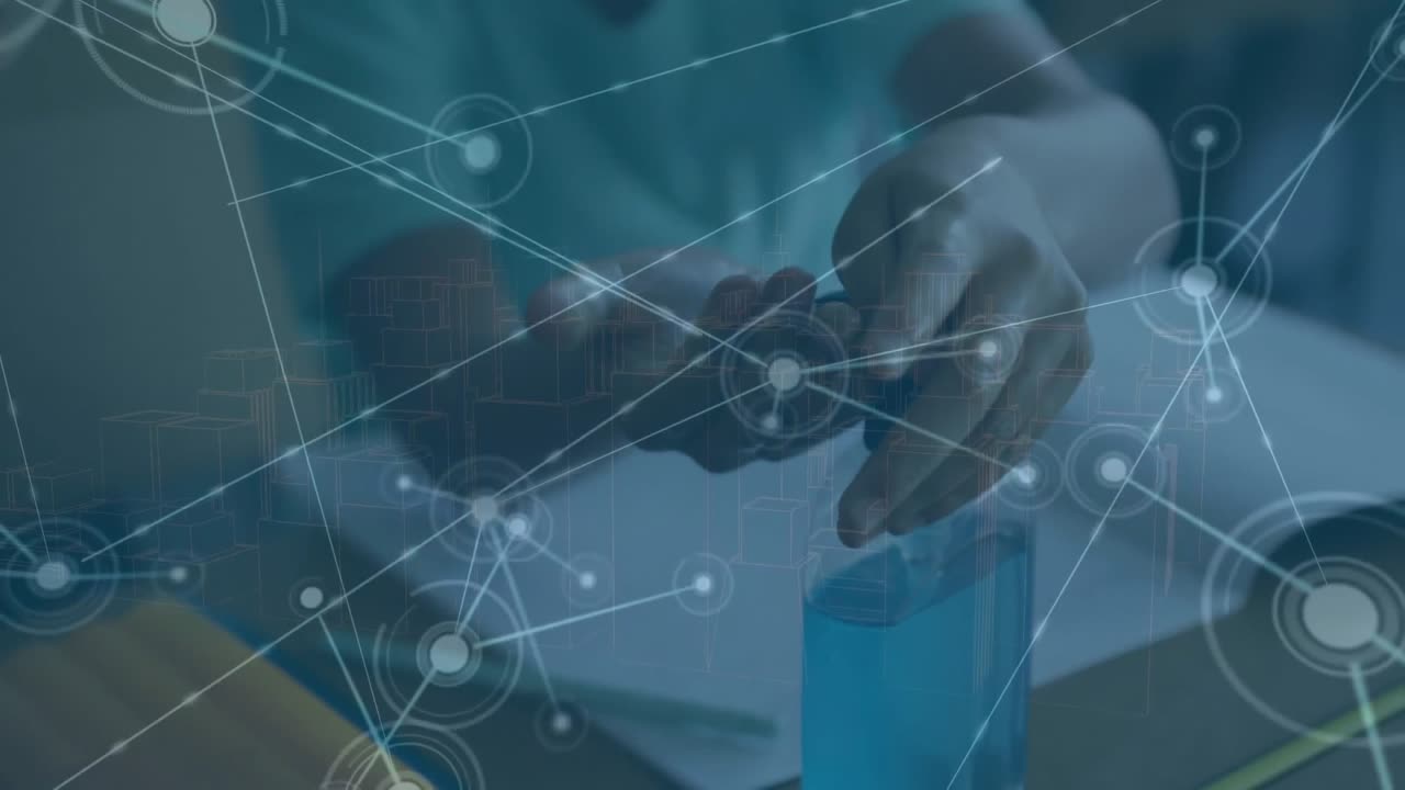 Animation of communication network over african american schoolboy sanitizing hands at desk