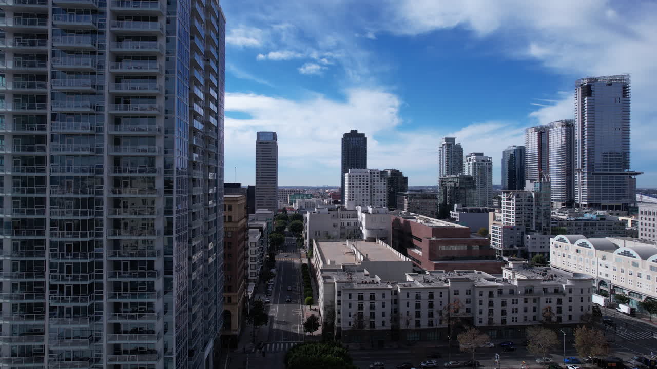 Panoramic View of a Vibrant Cityscape with Modern Skyscrapers and Residential Buildings Under a Blue Sky