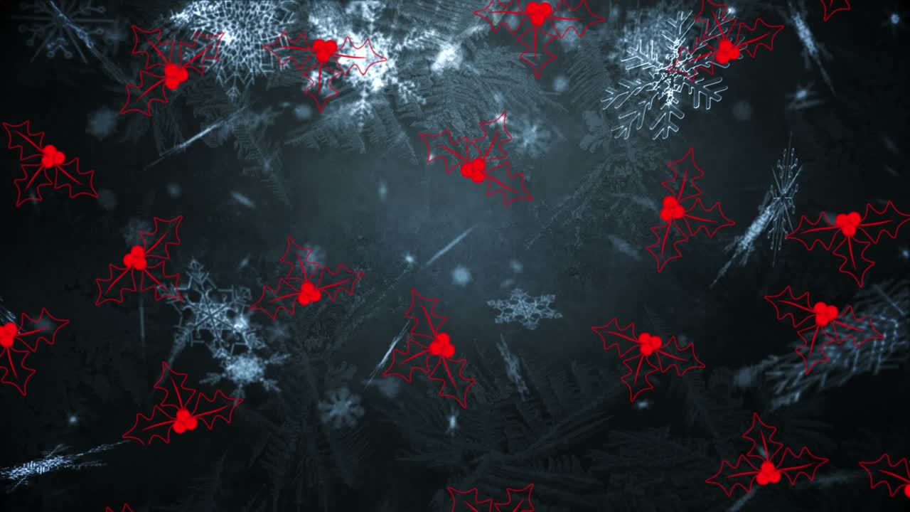 Animation of ivy and snowflakes falling over black background