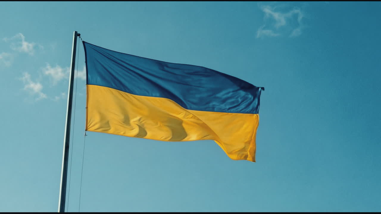 Bandiera dell'Ucraina che sventola al vento contro un cielo azzurro