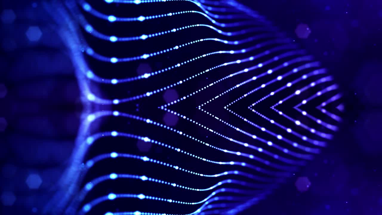 las partículas azules brillantes forman líneas, estructuras simétricas como en el microworld o el espacio cósmico. fondo abstracto de ciencia ficción 3d en bucle de 4k. para presentaciones de vacaciones, ceremonias como diseño de movimiento de bucle vj 12