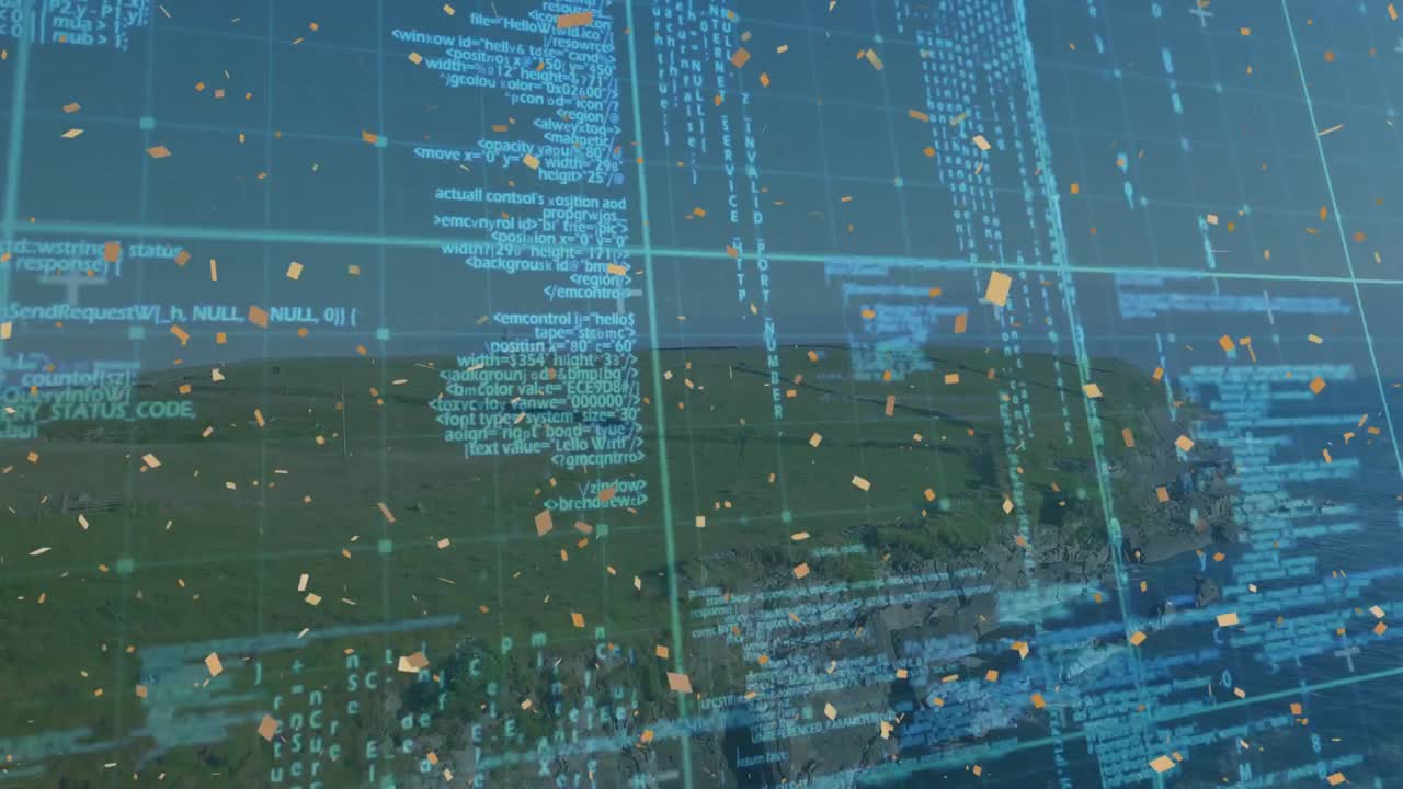 Animation of confetti falling over grid and processing data and landscape
