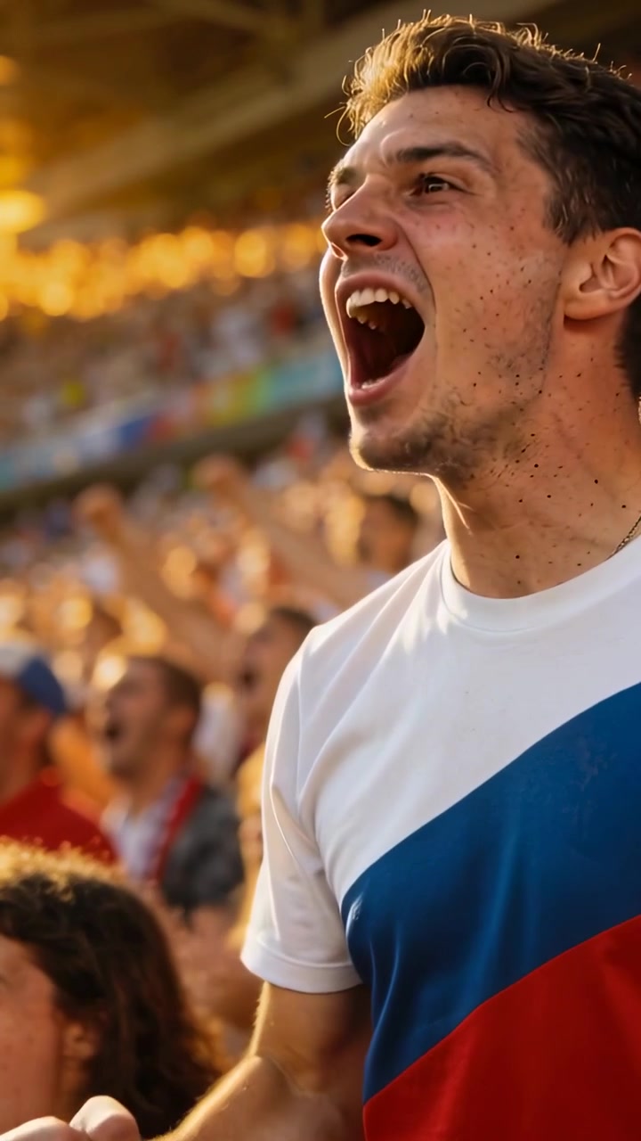 Video vertical: Reacción a la multitud que se levanta, hombre con camiseta blanca animando en las gradas, collar, espacio para texto.