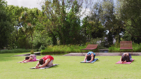 grupo diverso de hombres y mujeres practicando yoga arrodillados en esteras en el parque